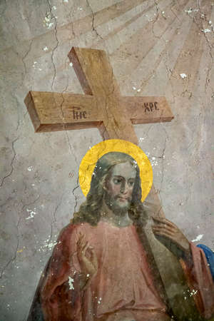 frescoes on the walls of an abandoned church, Pokrovskaya Church on the Letter River, Kostroma province, Russia. The year of construction is 1792. Currently, the temple is abandoned.の写真素材