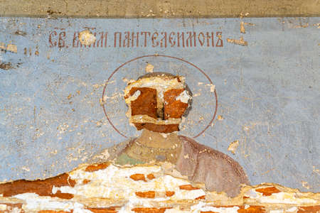painting of the walls of an abandoned temple, the temple of the village of Zaluzhye, Kostroma province, Russia. The year of construction is 1822. Currently, the temple is abandoned.の写真素材