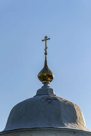 Domes of the Trinity Church with crosses in the town of Ples on the Volga River, Russia, Ivanovo region year of construction 1808.の写真素材