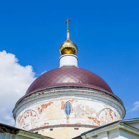 dome of the Orthodox church with a cross, Cathedral of St. Nicholas the Wonderworker, Myshkin, Yaroslavl region, Russiaの写真素材