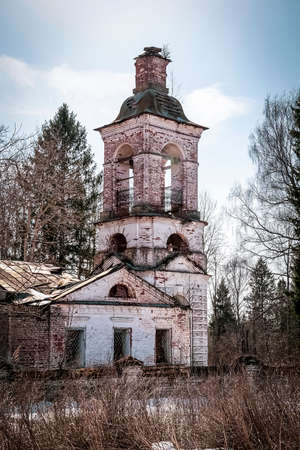 old ruined bell tower, Kozyura village, Kostroma region, Russia, built in 1829の写真素材