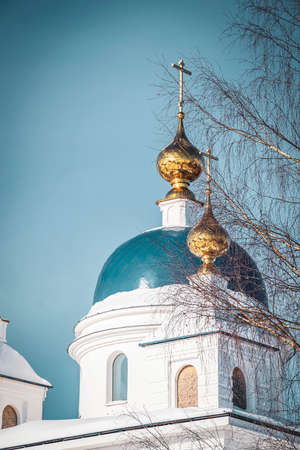 domes of a new church under construction, Minskoye village, Kostroma region, Russiaの写真素材