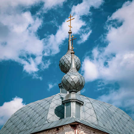gray domes of the Orthodox Church, Korshunovo village, Kostroma region, Russia, built in 1800の写真素材