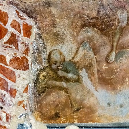 drawings on the walls of an abandoned temple , the village of Myshkino, built in 1784, currently the temple is abandonedの写真素材