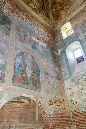 the interior of an abandoned Orthodox church, the temple of the village of Stolpino, Kostroma region, Russia, built in 1758, currently the temple is abandonedの写真素材