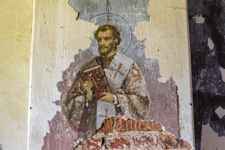 frescoes on the walls of an abandoned temple. The temple of the village of Borisoglebskoye, Kostroma...