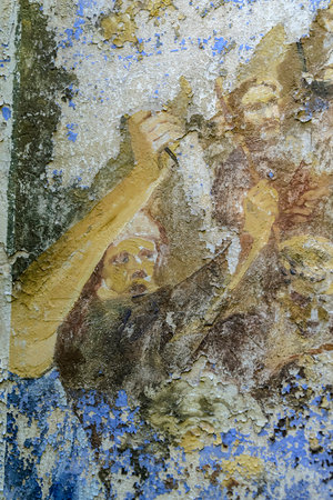 frescoes on the walls of an abandoned temple. The temple of the village of Borisoglebskoye, Kostroma region, Russia. The year of construction is 1821. Currently, the temple is abandoned. Photo of the year 2022.の写真素材