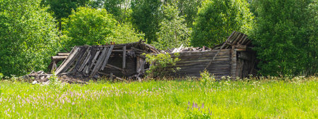destroyed village houses in an abandoned villageの写真素材