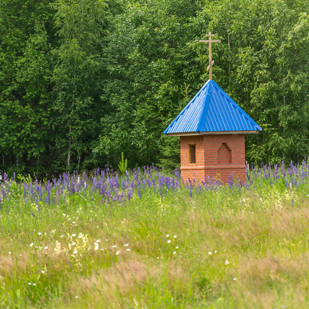 small Orthodox chapel on the edge of the field, Russiaの写真素材