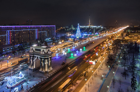 top view moscow River and Moscow Kremlin in winter night triumphal Arch and Victory Park in Moscow in winter night.の写真素材