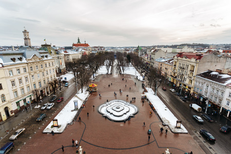 Lviv, Ukraine - February, 2014 - Top view of the Square to Liberdade Avenue and the historical part of Lviv, Ukraine winter day from the Opera and Ballet Theatre.のeditorial素材