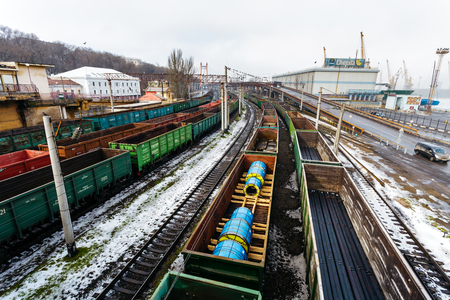 Odessa, Ukraine - February, 2014 - Top view of a railway line and a freight train in winter.のeditorial素材