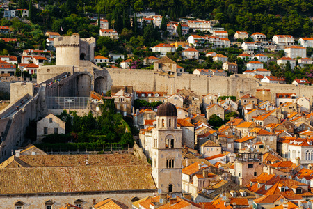 Protective city wall, Minceta tower and Franciscan Monastery and Museum in Dubrovnik, Croatia.の写真素材