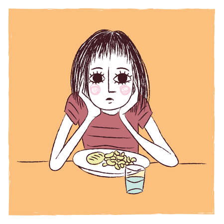 Illustration of a woman in front of her plateの写真素材
