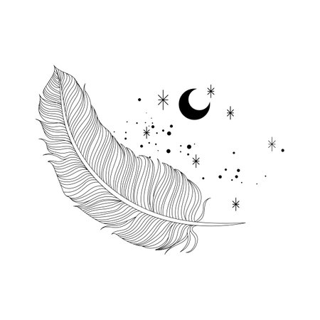feather and stars line art illustrationのイラスト素材