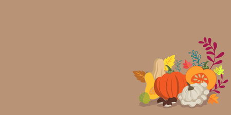 Autumn vegetables and leaves doodle background - flat design banner vibrant colors - floral seasons design themeのイラスト素材