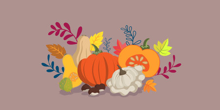 Autumn vegetables and leaves doodle background - flat design banner vibrant colors - floral seasons design themeのイラスト素材