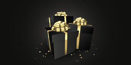Black Gift boxes with a gold bow design banner - Christmas and birthday present background themeのイラスト素材