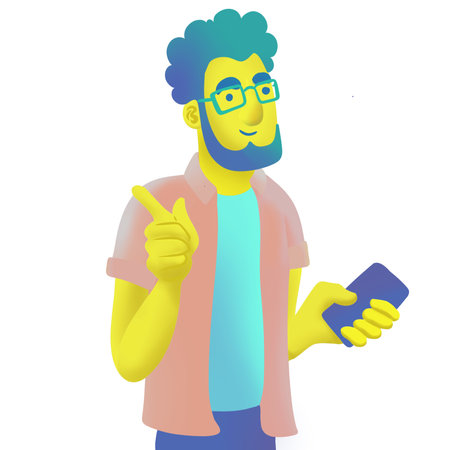 Vector illustration of a young man holding a smartphone and showing thumbs upの写真素材
