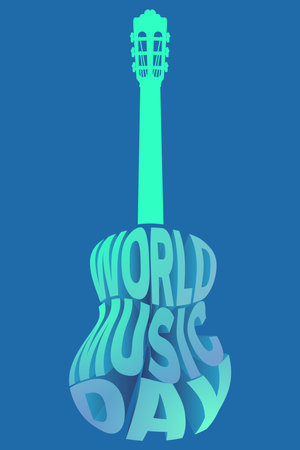 Illustration of a guitar with the words world music day in blueのイラスト素材