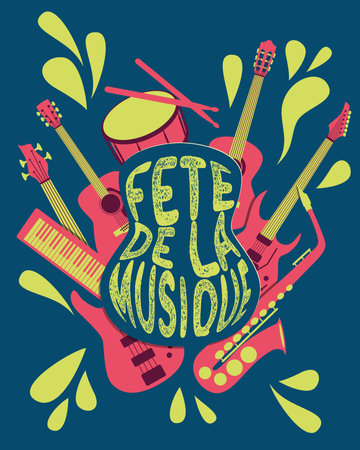 Vector illustration of a poster for a live music festival with a guitar, drum and notes on a blue background.のイラスト素材