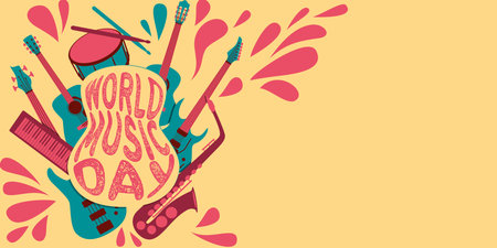 Vector illustration of a music festival poster with guitar and notes on yellow backgroundのイラスト素材