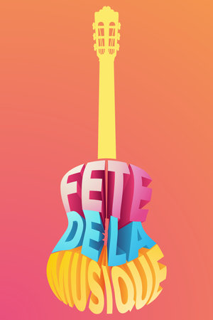 illustration of a guitar on a colorful background with the words live musicのイラスト素材