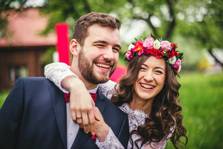Wedding couple embracing each other. Moment of joyの写真素材