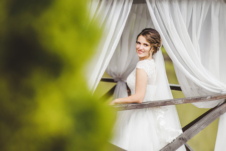 Beautiful bride posing on the pier at the lakeの写真素材