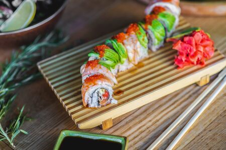Chinese cuisine, sushi combined with soy sauce and gingerの写真素材