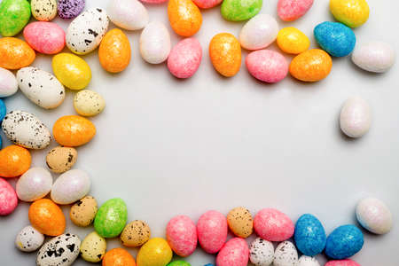 Colorful Easter egg top border against a white backgroundの写真素材