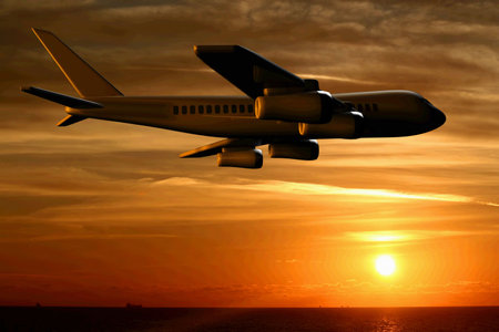 Airplane over the ocean and sunset clouds - 3d renderの写真素材