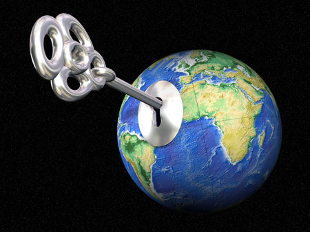 Conceptual Earth globes with a keyの写真素材