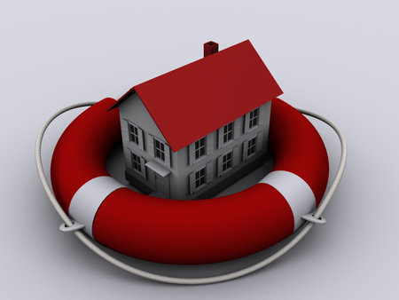 Red and white life buoy with a house in middle - 3d renderの写真素材