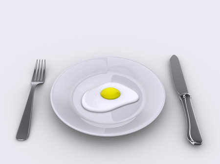 A Dinner plate with fried egg, knife and fork - rendered in 3dの写真素材