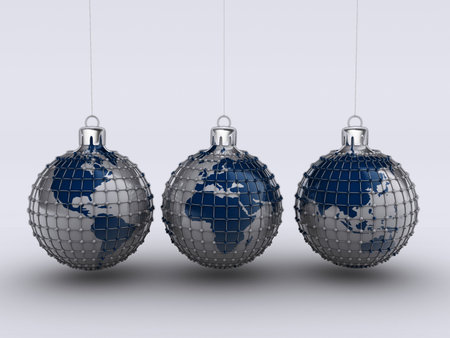 Conceptual Christmas ornaments with world maps - rendered in 3dの写真素材