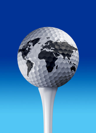 Golf ball maped with Earth continent on tee - 3d renderの写真素材