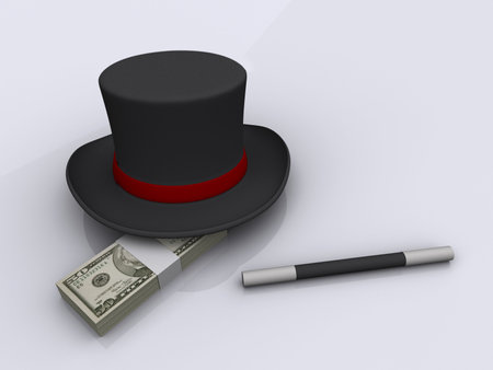 Magic hat on dollar stack and magic wand  - 3d renderの写真素材