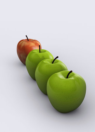 Four conceptual apples on white background  - rendered in 3dの写真素材
