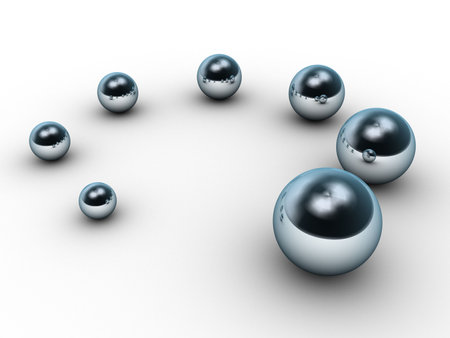 Seven chrome plated sphere on white - rendered in 3dの写真素材
