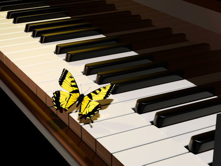 Yellow butterfly on piano keys - rendered in 3dの写真素材