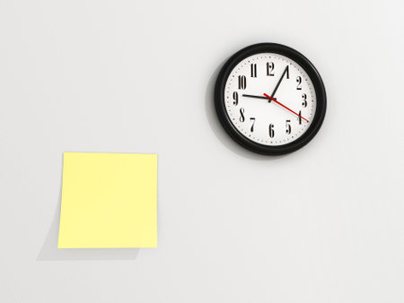 A yellow notes on wall near a clock - 3d render