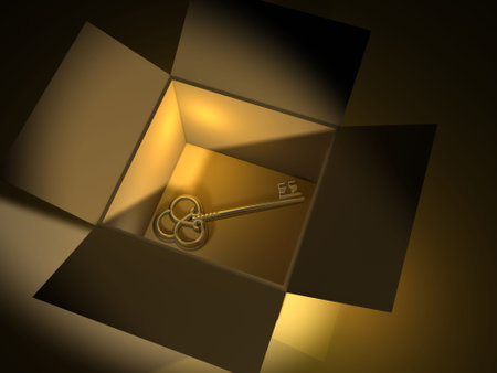Golden key in box - 3d renderの写真素材