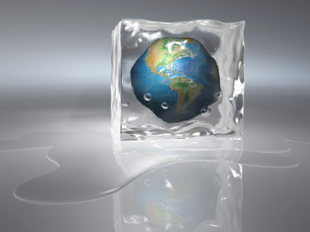 Conceptual Earth globe frozen in an ice cube - 3d render
