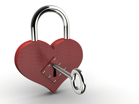 Heart padlock with key on white background - 3d renderの写真素材