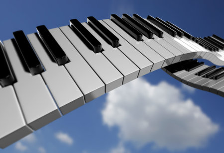 Conceptual piano key on sky background - rendered in 3dの写真素材