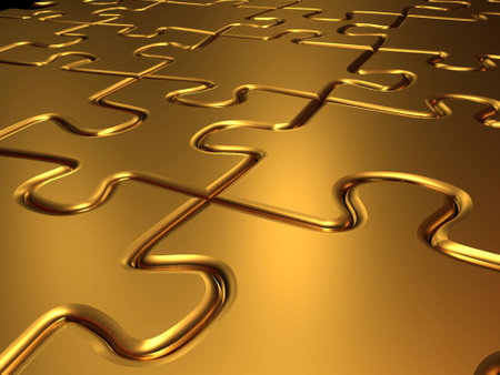 Background of gold jigsaw puzzle - rendered in 3dの写真素材