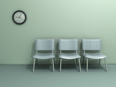 Three chair and a wall clock - rendered in 3d