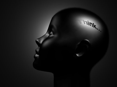 Conceptual illustration of a human head with "think" text on the brain areaの写真素材