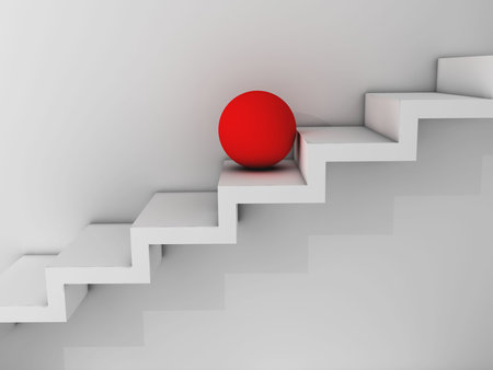 Conceptual red sphere on ladder - rendered in 3dの写真素材
